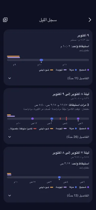 سجل الليل: مرات الاستيقاظ والضجيج والحركة، ليلة بليلة