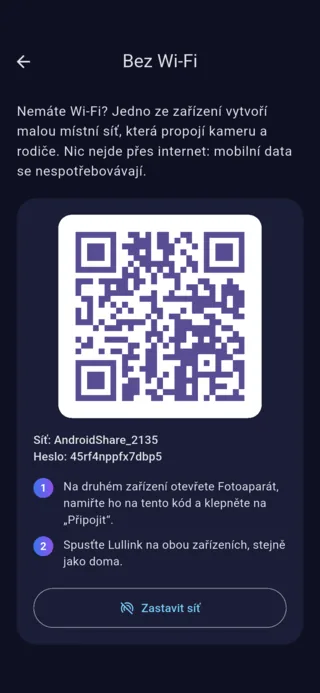 Obrazovka „Bez Wi-Fi“ na Androidu: QR kód pro připojení k síti vytvořené telefonem