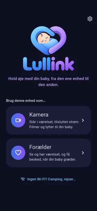 Lullinks startskærm: vælg mellem Kamera og Forælder