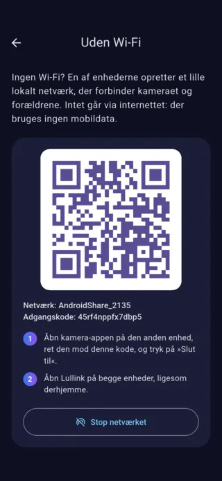 Skærmen »Uden Wi-Fi« på Android: QR-koden til at slutte til det netværk, telefonen har oprettet