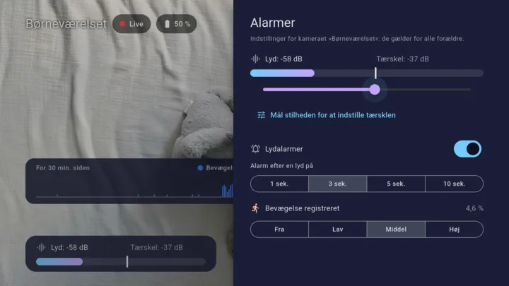 Lullinks alarmindstillinger: lydmåler, tærskel, lydens varighed og bevægelsesregistrering