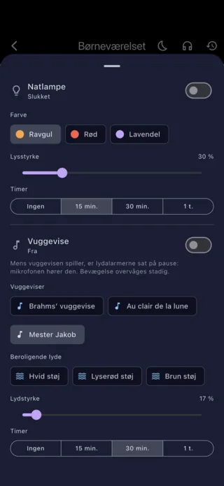 Indstillinger for natlampe og vuggevise fra forældretelefonen