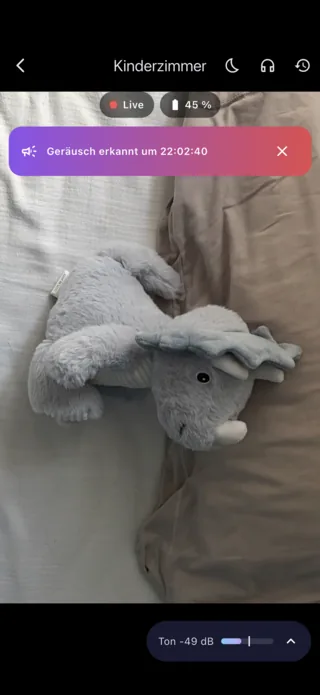 Lullink auf dem iPhone: das Kinderzimmer live, mit dem Alarm „Geräusch erkannt“