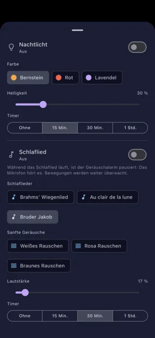 Einstellungen für Nachtlicht und Schlaflied, vom Handy der Eltern aus