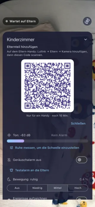 Lullink auf dem iPhone als Kamera: der QR-Code, um ein Elternteil hinzuzufügen