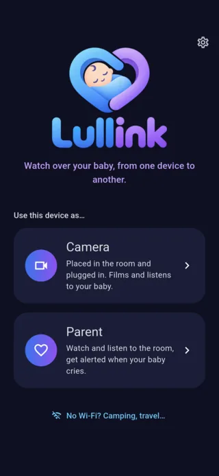 Lullink home screen: choose between Camera and Parent