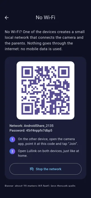 Lullink “No Wi-Fi” screen on Android: QR code, network name and password