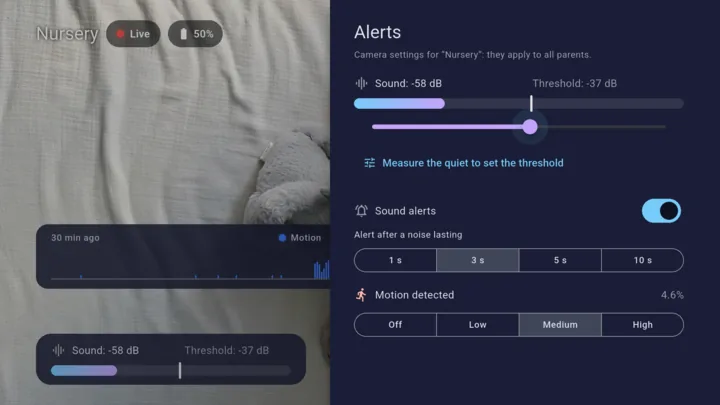 Lullink alert settings: sound meter, threshold, noise duration and motion detection