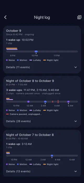Night log: wake-ups, noise and motion, night by night