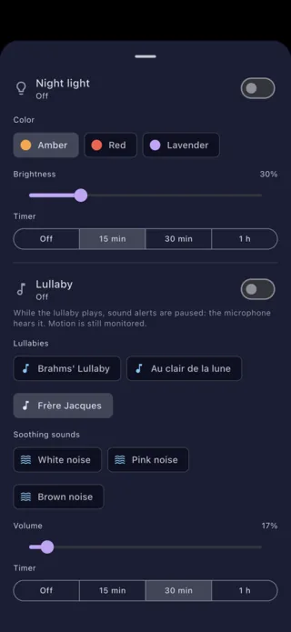 Night light and lullaby settings, from the parent phone