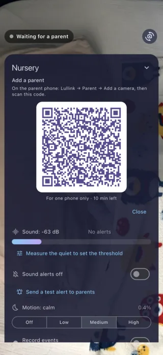 Lullink on iPhone as the camera: the QR code to add a parent
