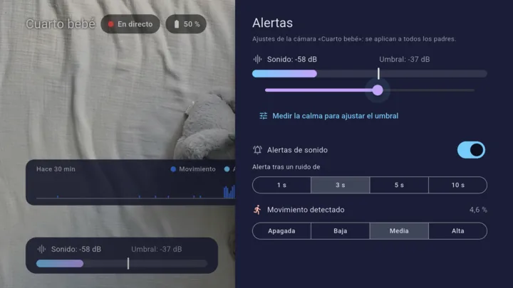 Ajustes de las alertas de Lullink: medidor de sonido, umbral, duración del ruido y detección de movimiento