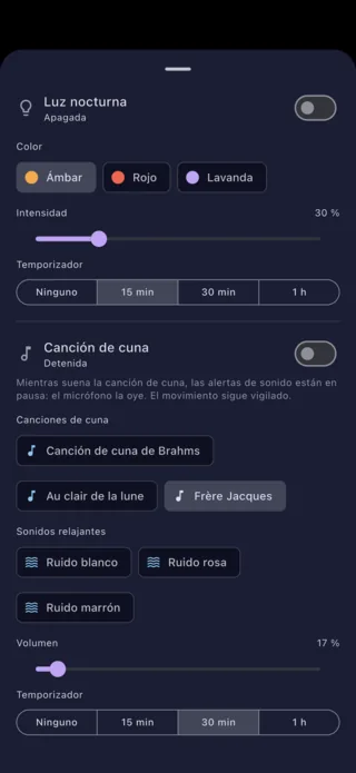 Ajustes de la luz nocturna y de la canción de cuna, desde el teléfono de los padres