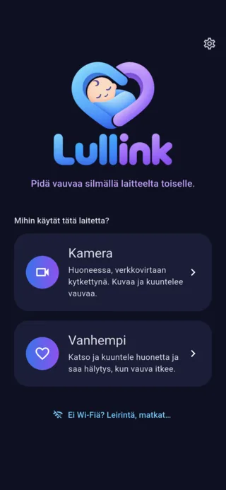 Lullinkin aloitusnäyttö: valitse Kamera tai Vanhempi