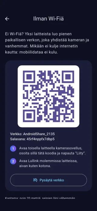 ”Ilman Wi-Fiä” -näkymä Androidissa: QR-koodi, jolla liitytään puhelimen luomaan verkkoon