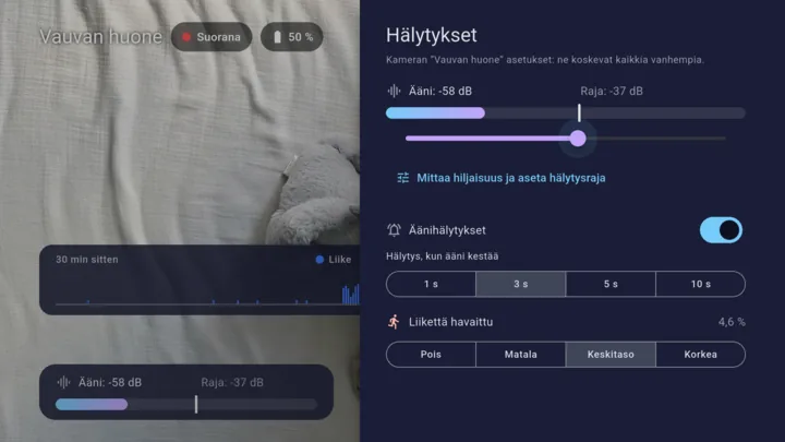 Lullinkin hälytysasetukset: äänimittari, hälytysraja, äänen kesto ja liikkeentunnistus