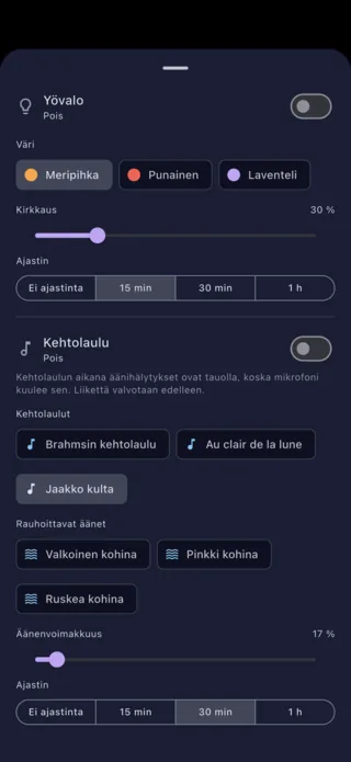 Yövalon ja kehtolaulun asetukset vanhemman puhelimessa