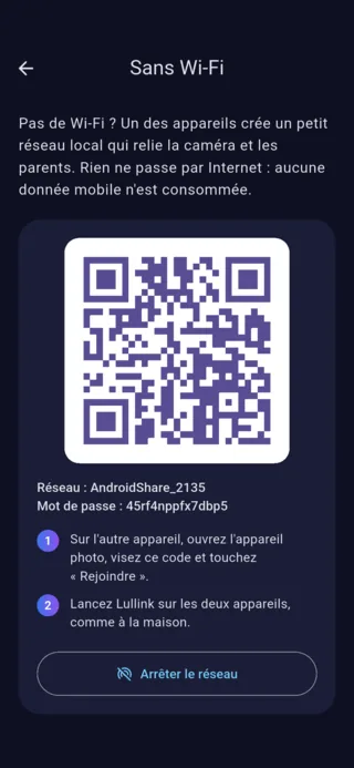 Écran « Sans Wi-Fi » de Lullink sur Android : QR code, nom du réseau et mot de passe