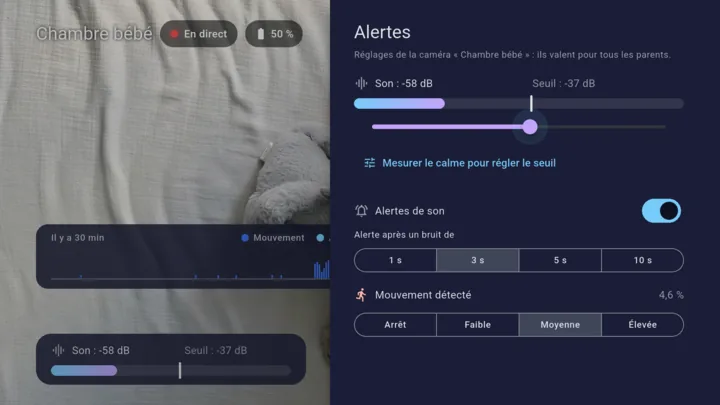 Réglages des alertes de Lullink : jauge, seuil, durée du bruit et détection de mouvement