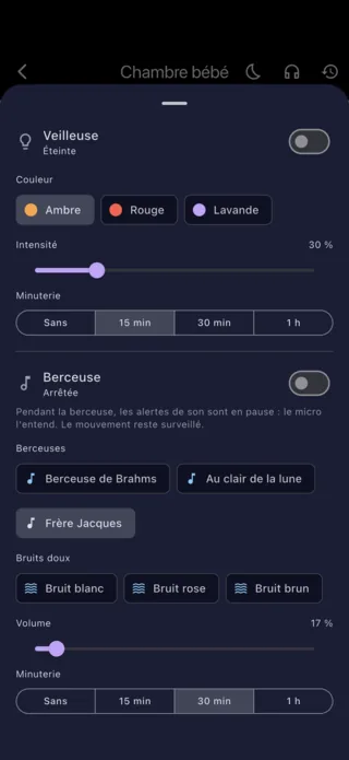 Réglages de la veilleuse et des berceuses, depuis le téléphone parent
