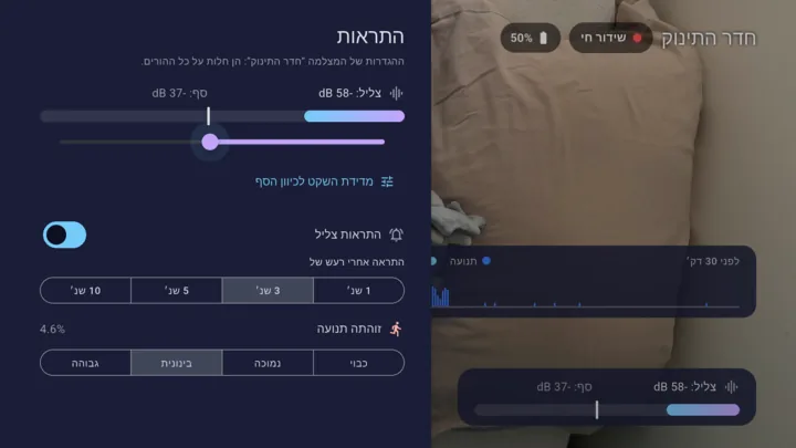 הגדרות ההתראות של Lullink: מד צליל, סף, משך רעש וזיהוי תנועה
