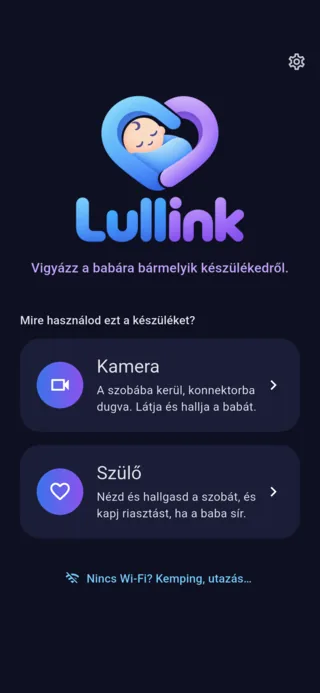 A Lullink kezdőképernyője: választás a Kamera és a Szülő között