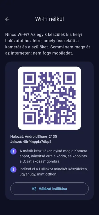 A Lullink „Wi-Fi nélkül” képernyője Androidon: QR-kód, a hálózat neve és jelszava