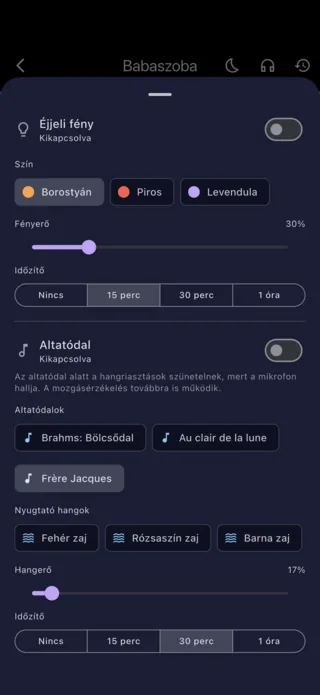 Az éjjeli fény és az altatódal beállításai a szülői telefonon