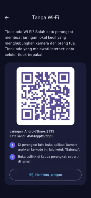 Layar “Tanpa Wi-Fi” Lullink di Android: kode QR, nama jaringan, dan kata sandi