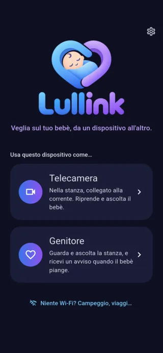 Schermata iniziale di Lullink: scegliere tra Telecamera e Genitore