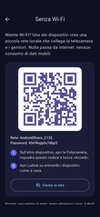 Schermata «Senza Wi-Fi» di Lullink su Android: codice QR, nome della rete e password