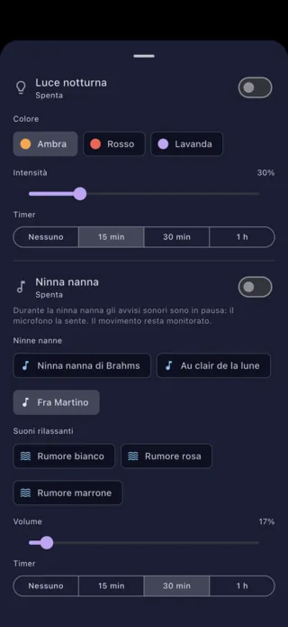 Impostazioni della luce notturna e della ninna nanna, dal telefono del genitore