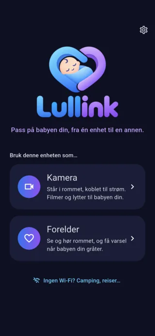 Startskjermen i Lullink: velg mellom Kamera og Forelder