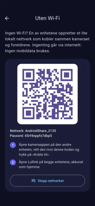 Skjermen «Uten Wi-Fi» på Android: QR-koden for å koble til nettverket som telefonen har opprettet
