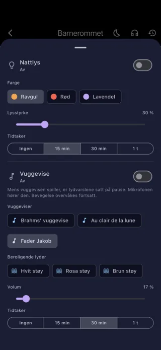 Innstillinger for nattlys og vuggevise, fra foreldretelefonen