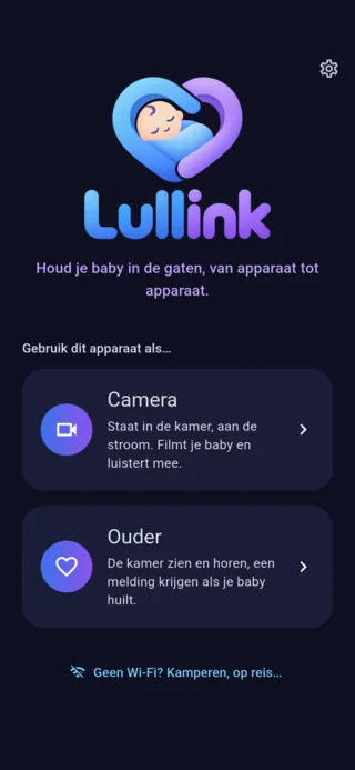 Beginscherm van Lullink: kies tussen Camera en Ouder