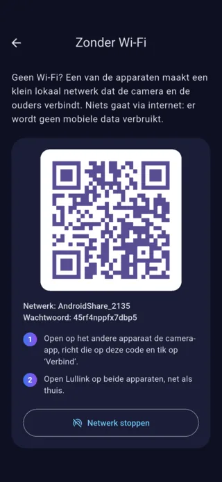 Scherm ‘Zonder Wi-Fi’ op Android: de QR-code om verbinding te maken met het netwerk dat de telefoon heeft gemaakt