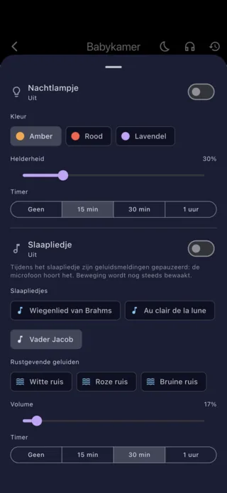 Instellingen van het nachtlampje en het slaapliedje, vanaf de oudertelefoon