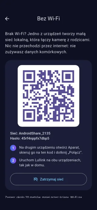 Ekran „Bez Wi-Fi” na Androidzie: kod QR do połączenia z siecią utworzoną przez telefon