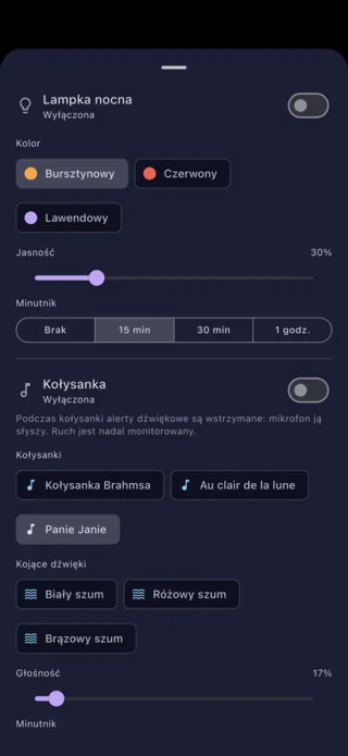 Ustawienia lampki nocnej i kołysanki na telefonie rodzica