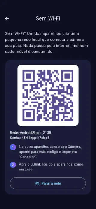 Tela “Sem Wi-Fi” do Lullink no Android: código QR, nome da rede e senha