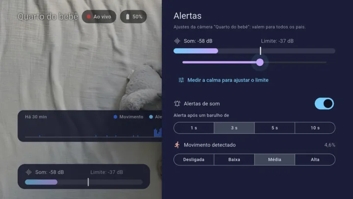 Ajustes dos alertas do Lullink: medidor de som, limite, duração do barulho e detecção de movimento