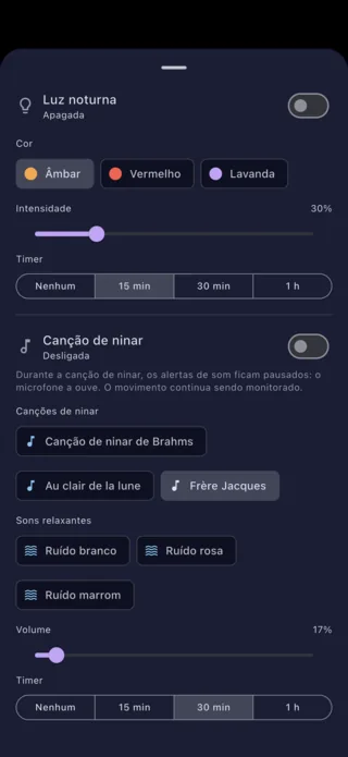 Ajustes da luz noturna e da canção de ninar, pelo celular dos pais