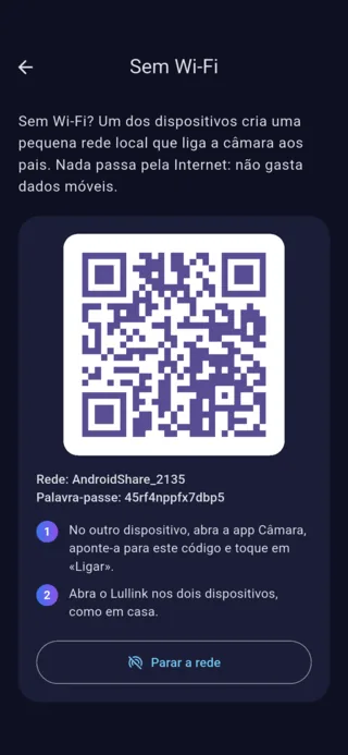 Ecrã «Sem Wi-Fi» do Lullink no Android: código QR, nome da rede e palavra-passe