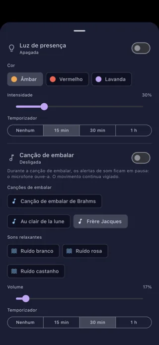 Definições da luz de presença e da canção de embalar, no telemóvel dos pais