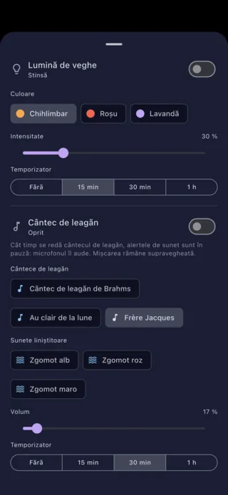 Setările luminii de veghe și ale cântecului de leagăn, de pe telefonul părintelui