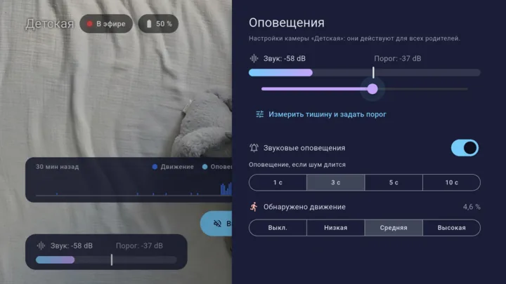 Настройки оповещений Lullink: шкала громкости, порог, длительность шума и обнаружение движения