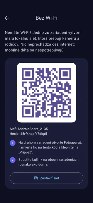 Obrazovka „Bez Wi-Fi“ aplikácie Lullink na Androide: QR kód, názov siete a heslo