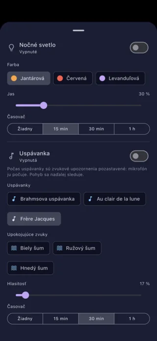 Nastavenia nočného svetla a uspávanky z telefónu rodiča