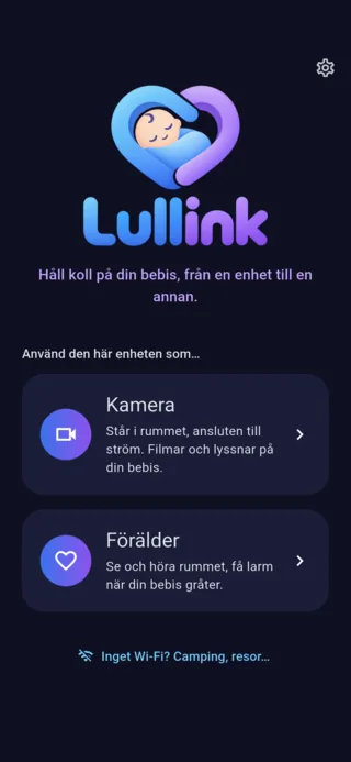Lullinks startskärm: välj mellan Kamera och Förälder